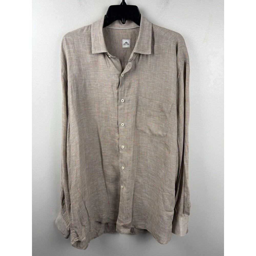 Peter Millar Men’s Sz 3XL Linen Button-Down Long Sleeve Shirt Beige Casual
